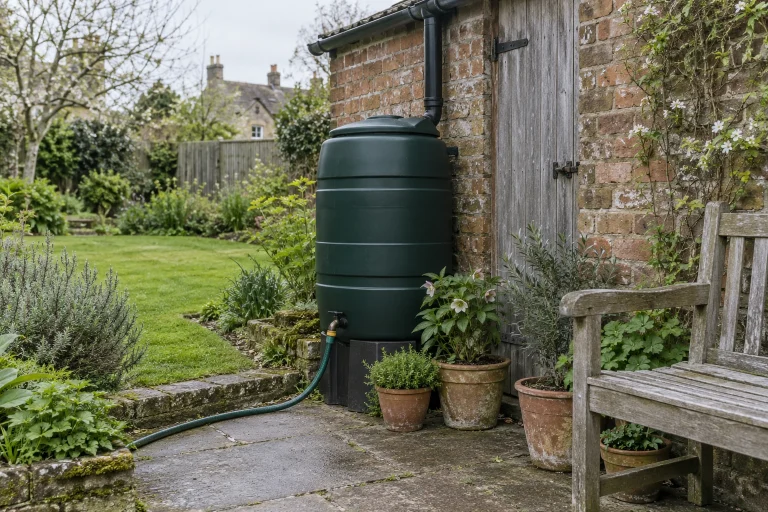 Closed green rainwater butt beside a brick shed, with a hose and terracotta pots.