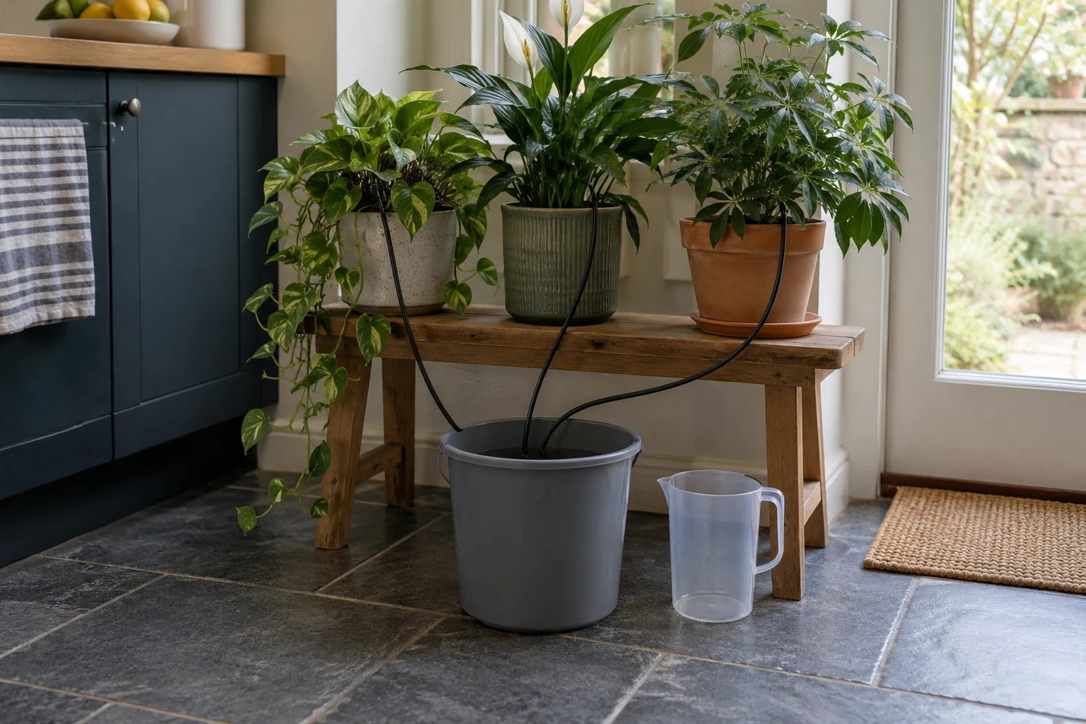 An indoor watering reservoir on a waterproof floor below three potted plants with tubes running upwards.