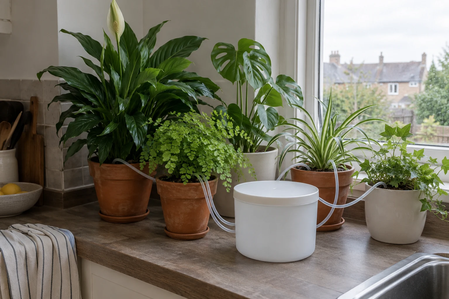 Houseplants grouped on a kitchen counter with an indoor watering reservoir and small tubes.