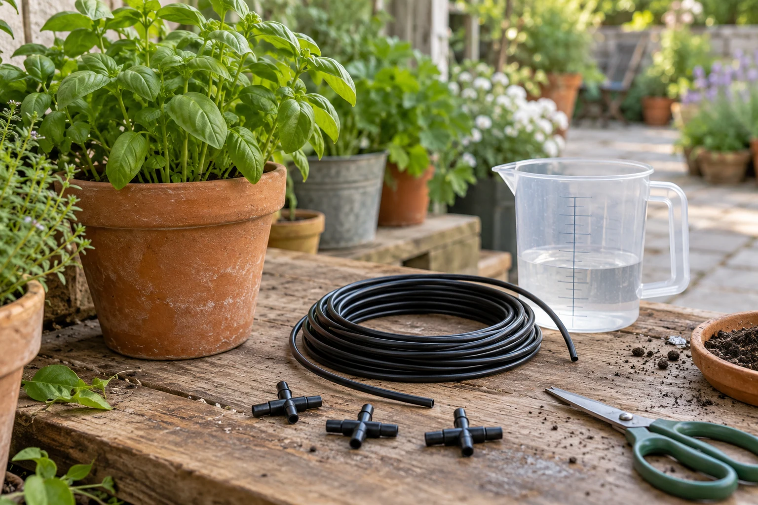 Micro irrigation tubing, small connectors and a clear measuring jug on a garden potting bench.