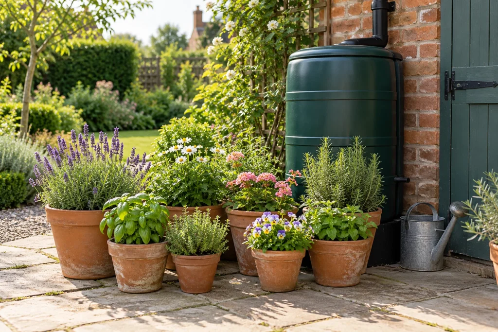 Terracotta pots grouped on a sunny patio beside a covered green rainwater butt.