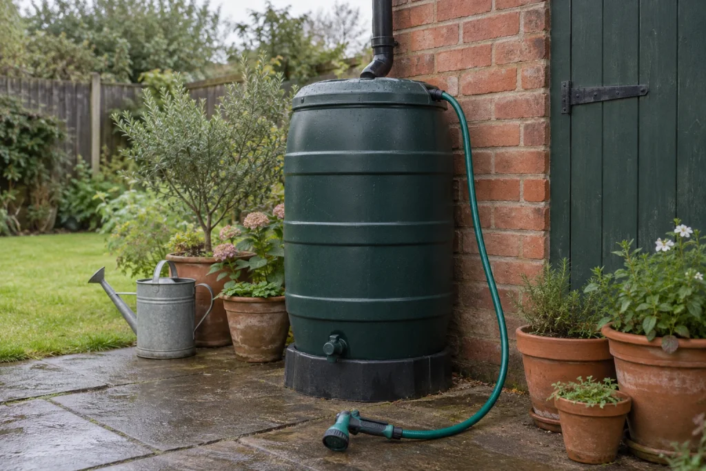 A closed green rainwater butt beside a brick shed, with a hose, spray nozzle and nearby potted plants.