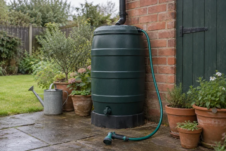 A closed green rainwater butt beside a brick shed, with a hose, spray nozzle and nearby potted plants.