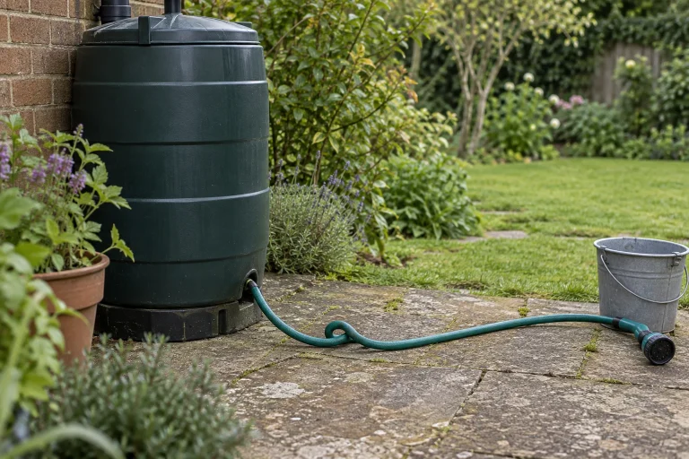 A green garden hose bent on paving beside a closed rainwater butt, a spray nozzle and a small bucket.